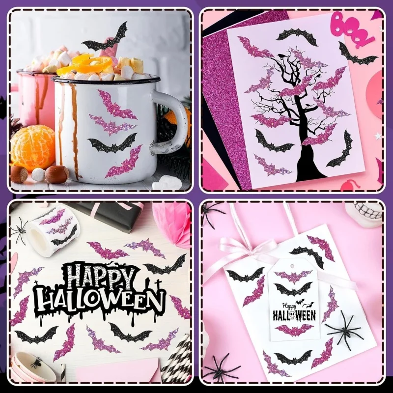 500 Stück Halloween-Fledermaus-Aufkleber-Rolle, Laser-Schwarze Fledermäuse, Wasserfeste Glitzer-Selbstklebende Aufkleber für Halloween-Scrapbook-Partydekoration – Detail 14