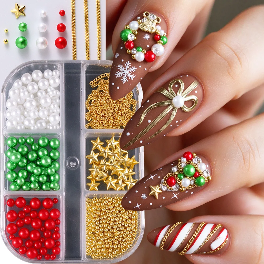 Christmas nail accessory set,mixed nail decoration, red green white pearls, gold pentagram rivets metal chains nail Rhinestones