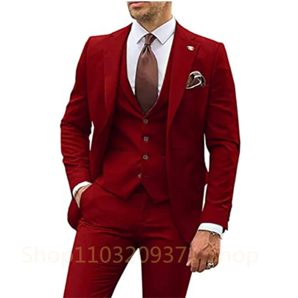 Fashion Red Suits Men Formal Party Business Blazer Notched Lapel Wedding Groom Tuxedo 3 Piece Jacket Vest Pants Costume Homme