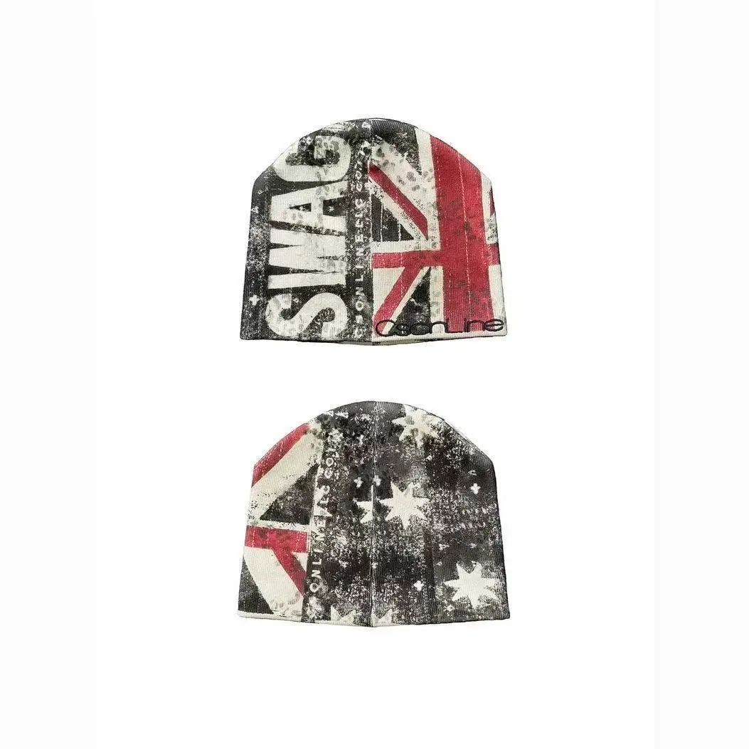 Vintage Distressed Double‑Sided Knit Beanie for Men Women UK Australia Flag Letter Print Soft Stretch Skull Cap Warm Beanie Hats