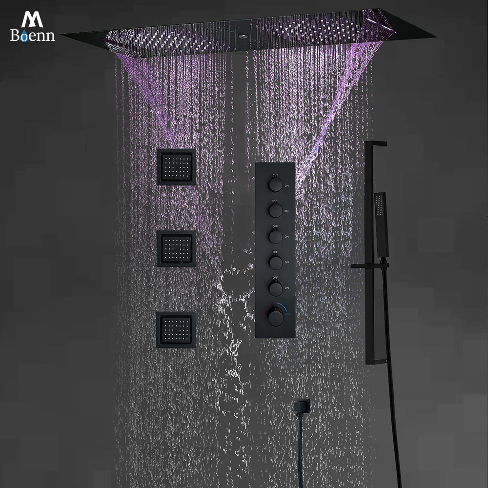 M Boenn 5 Functions Matte Black Shower Set Thermostatic Mixer Embedded Rain LED Shower Head High Pressure Bathroom Faucets Brass