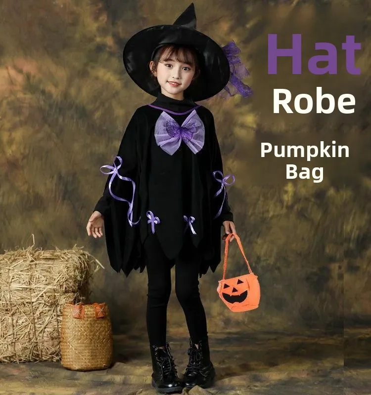 Fsia de Bruxa para Apresentação Infantil de loween, Conjunto de Capa e Roupa de Bruxa para Meninas, Fsia de Pequen...