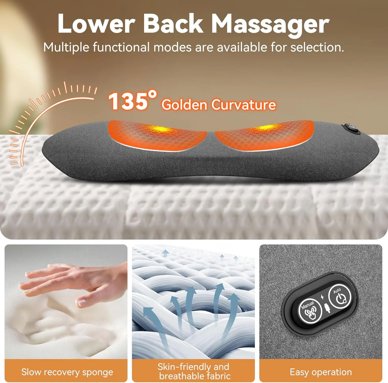 

3 in1 Triple Fusion Back Massager， Lumbar Support Pillow withHeat, Vibration & Adjustable Traction -Memory Foam Back Massager