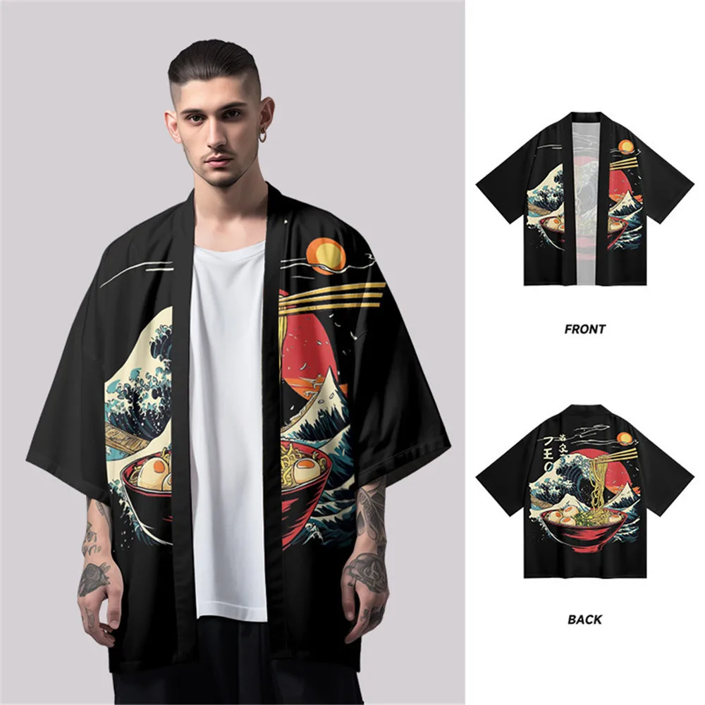 

Japanese Printed Kimono Men Traditional Kimono Women Haori Yukata 3/4 Sleeve Open Front Cloak Kimono