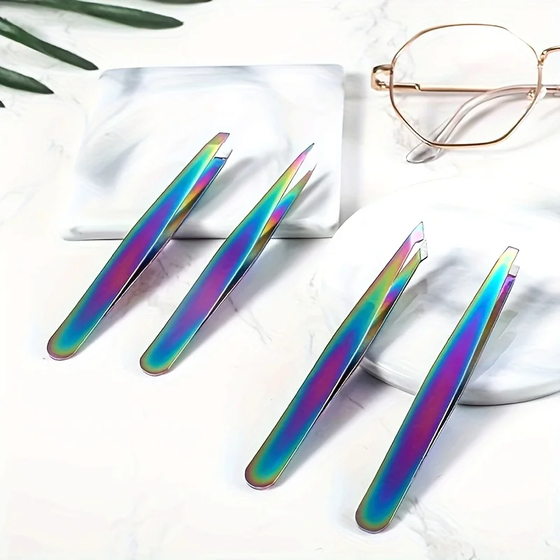 Colorful Stainless Steel 4pcs Eyebrow Tweezers 4 Pcs Set Colored Titanium Coating Trimming and Hair Removal Tweezer