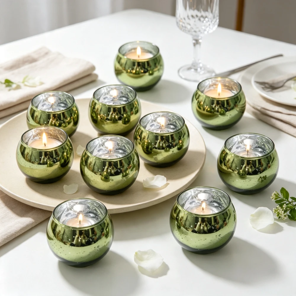 6/12Pcs/set Mercury Glass Tealight Candle Holders Round Speckled Votive Candle Cups Romantic Table Decor for Wedding Party Home