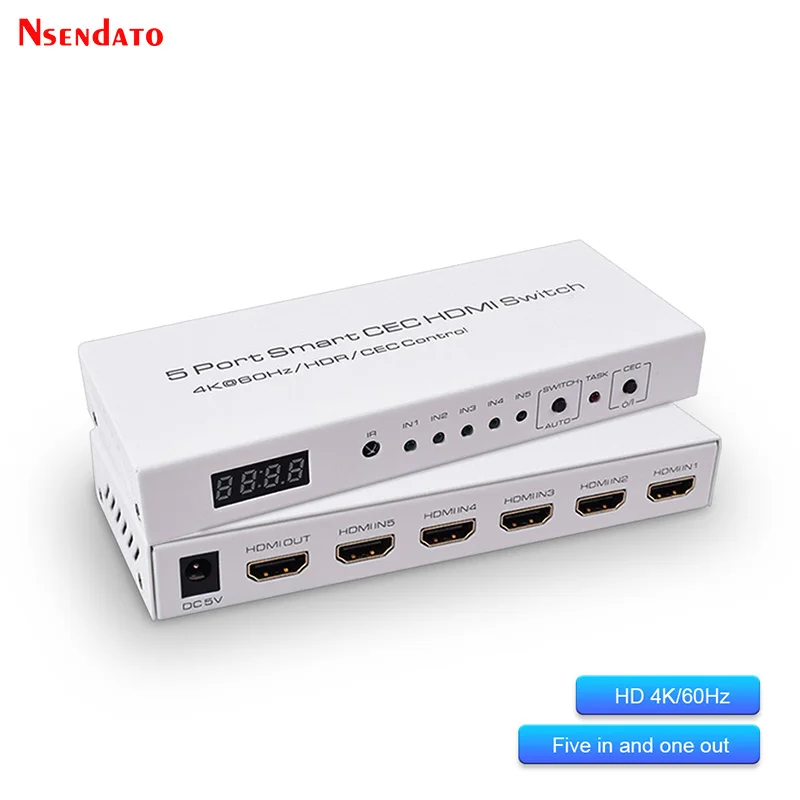5 Port Smart CEC HDMI Switch 4K 60Hz 18 Gbps 5x1 HDR HDMI Adapter Switcher With IR Romote for Dolby DTS HD LPCM HDTV PS4