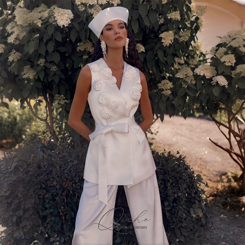 QICHE elegante mono De boda De flores para mujer 2026 con cuello en V De dos piezas sin mangas cinturón De satén Vestido De fiesta Vestido De Novia personalizado