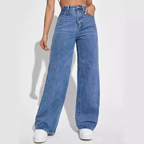 Fashion retro blue jeans women y2k High street baggy straight pants High waisted all-in-one slim pants