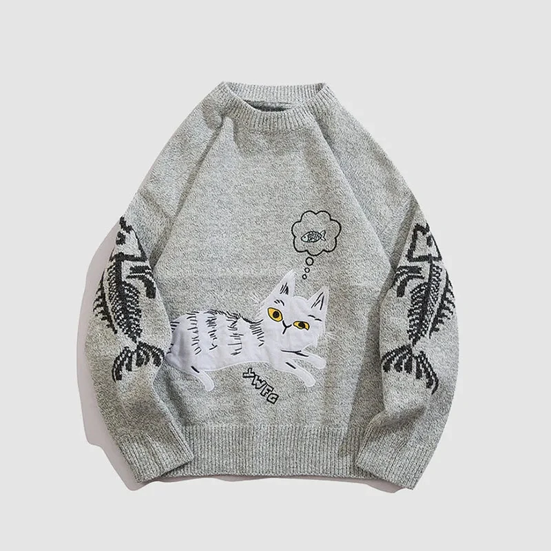 Y2K Personalized Street Cute Cat Knitted Color blocked Warm Fit Sweater