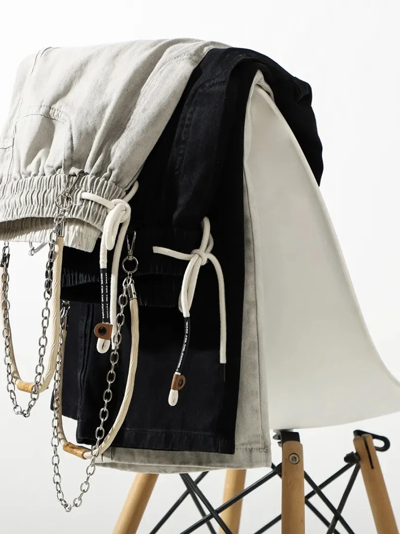 

American High Street Vintage Waed Loose Chain Design Straight Wide Leg Floor-Length Jeans Men's Long Pants Casual Cotton