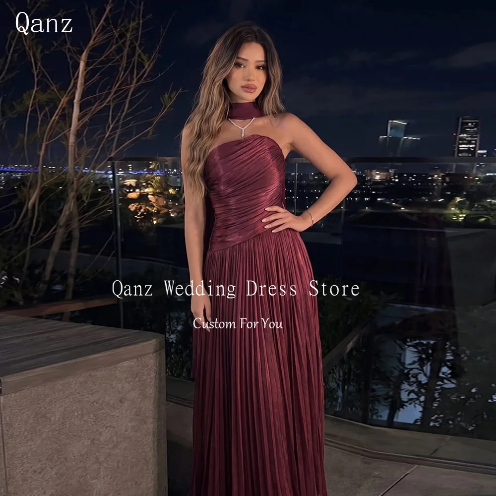 Qanz Burgundy Long A Line Evening Dresses Women Strapless Sleeveless Vestidos De Fiesta Elegantes Backless Prom Dress Customized