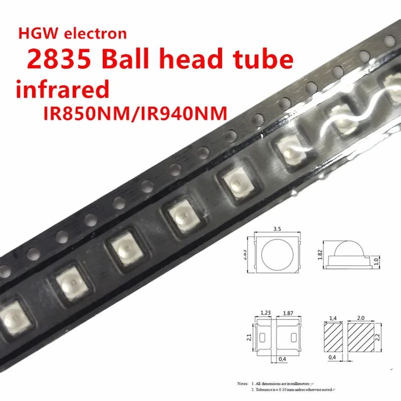 100pcs Ball head 2835 850nm/940nm infrared launch small Angle of 60 degrees IR850NM IR940NM LED strips light bead tube 0.2W