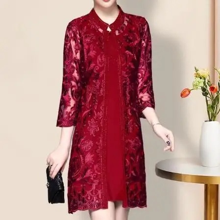 Vestidos de dos piezas para madre de la novia, con chaqueta, bordado de encaje, azul, rojo, para boda, fiesta Formal, vestidos de madre hasta la rodilla