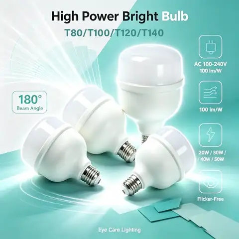 T‑Shape E27 LED Light Bulb 20W 30W 40W 50W 2000‑5000LM AC100‑240V Anti‑Flicker Lamp for Warehouse Garage Industrial Lighting