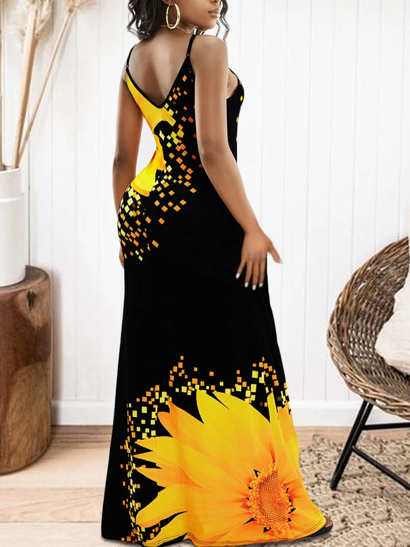 LW Sunflower Print Cami Maxi Dress Women Summer Maxi Dresses Floral Sleeveless U Neck Ankle Length Dresses for Vacation