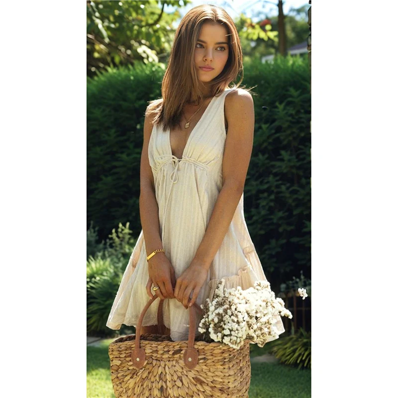 ABRT-Mini vestidos femininos de verão sem mangas com decote em V profundo em camadas balanço sem costas para sair férias boho