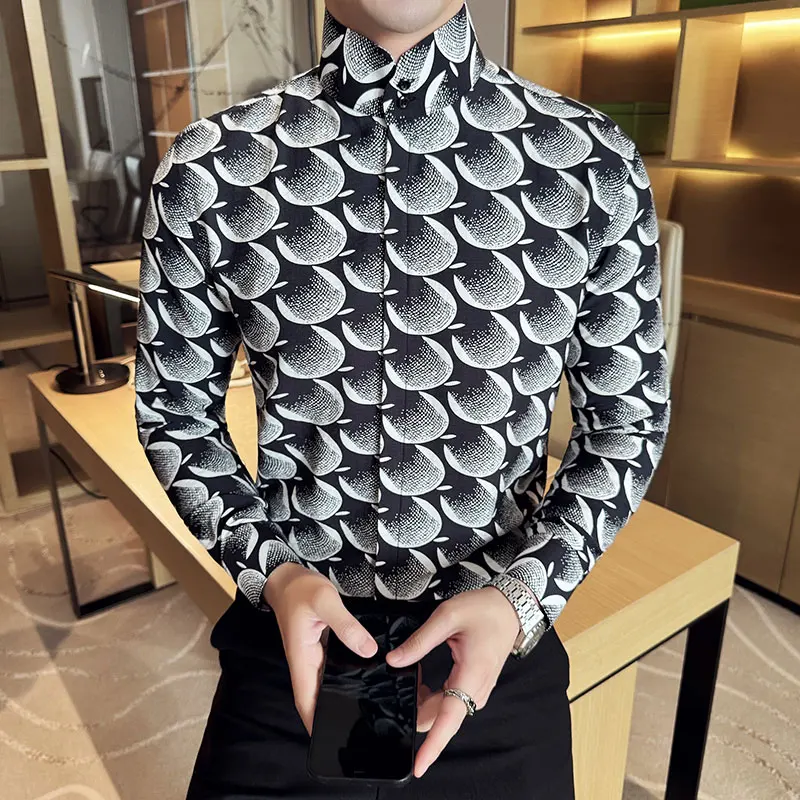 

Корейские рубашки с высоким воротом, мужская модная повседневная рубашка с длинными рукавами и принтом, винтажная облегающая блузка-смокинг для вечеринок, мужская одежда