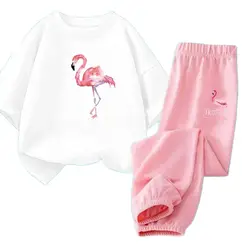 2pcs Girls Clothes Set Kids Short Sleeve Flamingo Swan t-shirt+pants Suits Children Summer Cartoon Tracksuits
