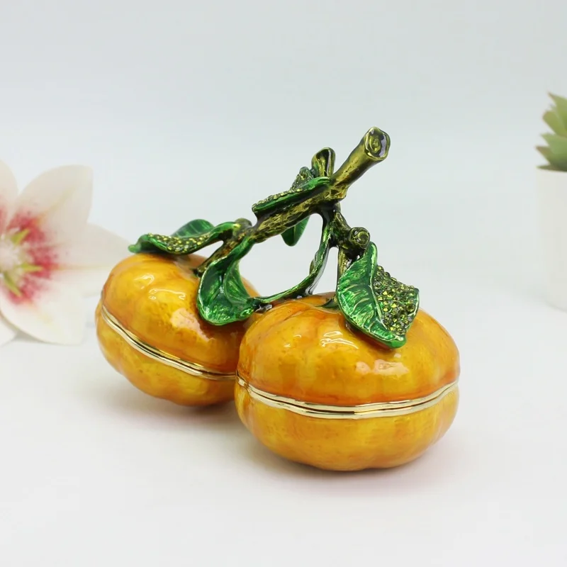 SHINNYGIFTS Enamel Pewter Fruit Orange Shape Trinket Box Metal Jewelry Box for Teacher's Gift