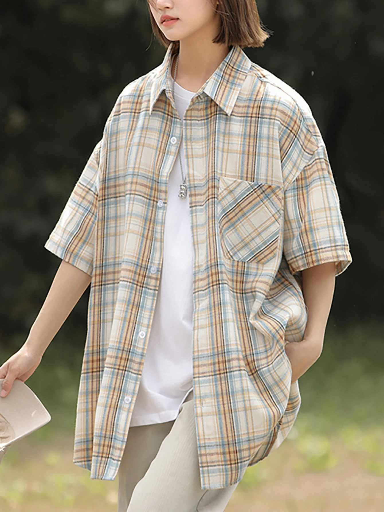 Women Lapel Plaid Short Sleeve Shirt Button Down Oversized Loose Casual Pocket Lightweight Ladies Daily Blouse Tops