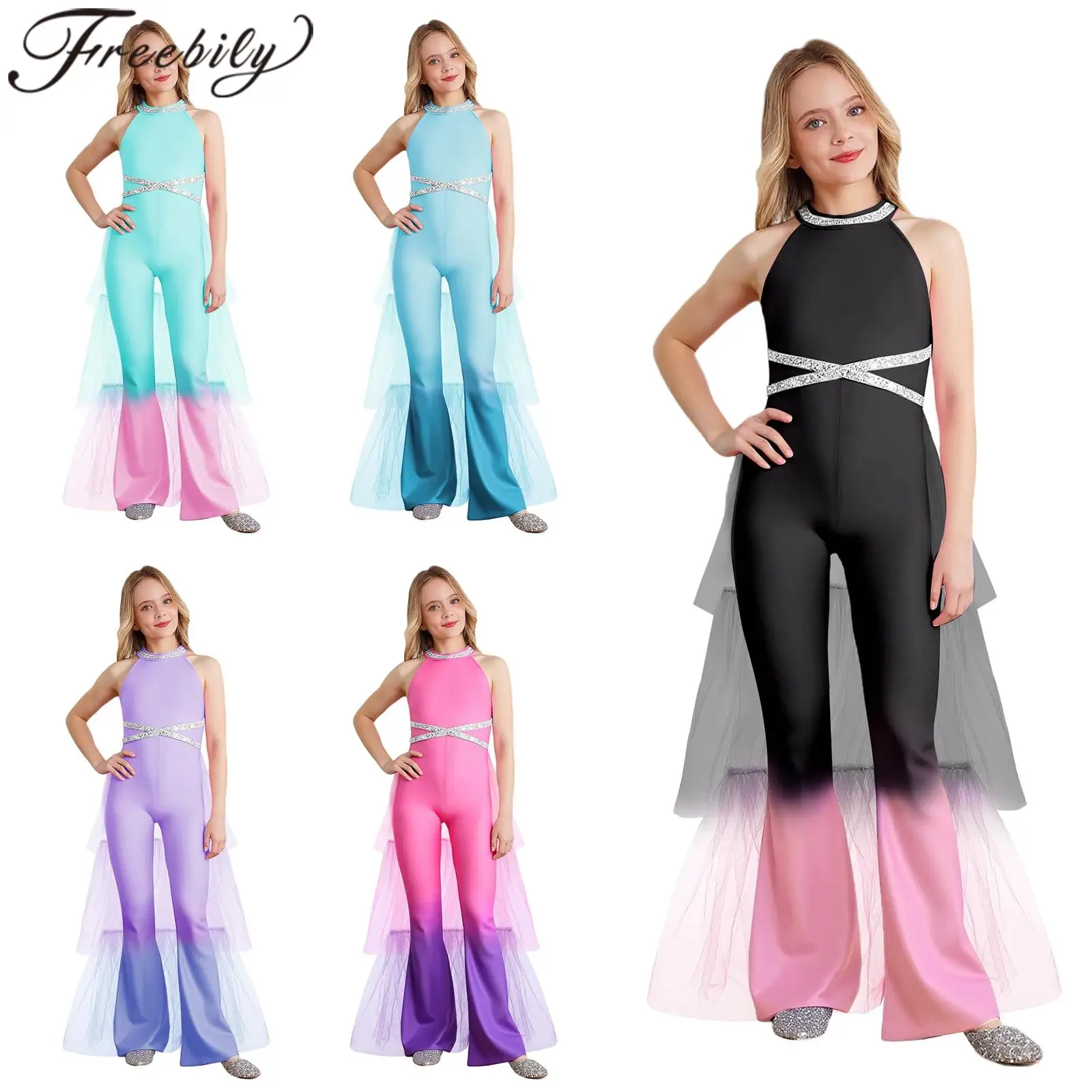 

Fashion Children's Jumpsuit Ruffled Tulle Stylish Festival Costume Ball Evening Show Gradient Kids Girls Party Romper Streetwear