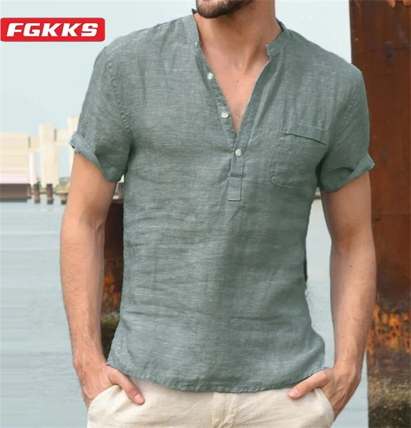 FGKKS 2024 Outdoor Casual Shirt For Men Fashion Cotton And Linen Short Sleeve High Quality Design Hot Casual Shirt For Men