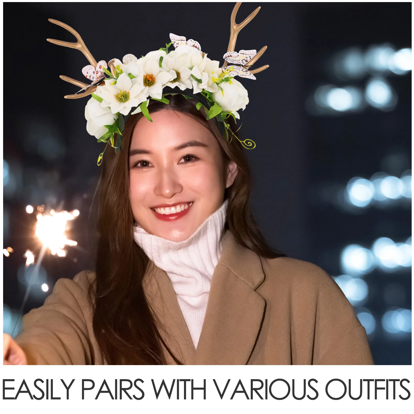 أنيق الغزلان قرن الوعل عقال الأزهار فراشة ديكور الرنة غطاء الرأس حفلة لصالح عيد الميلاد هالوين تأثيري التبعي