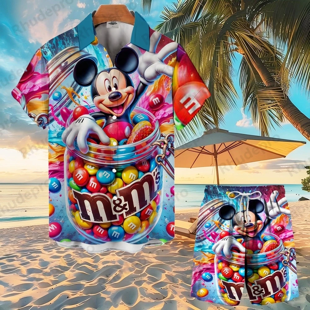 

Disney 2025 Mickey Mouse 3d Printed Hawaiian Shirts Suit Men's Women's Fashion Button Boys Suit Short Sleeve Shorts