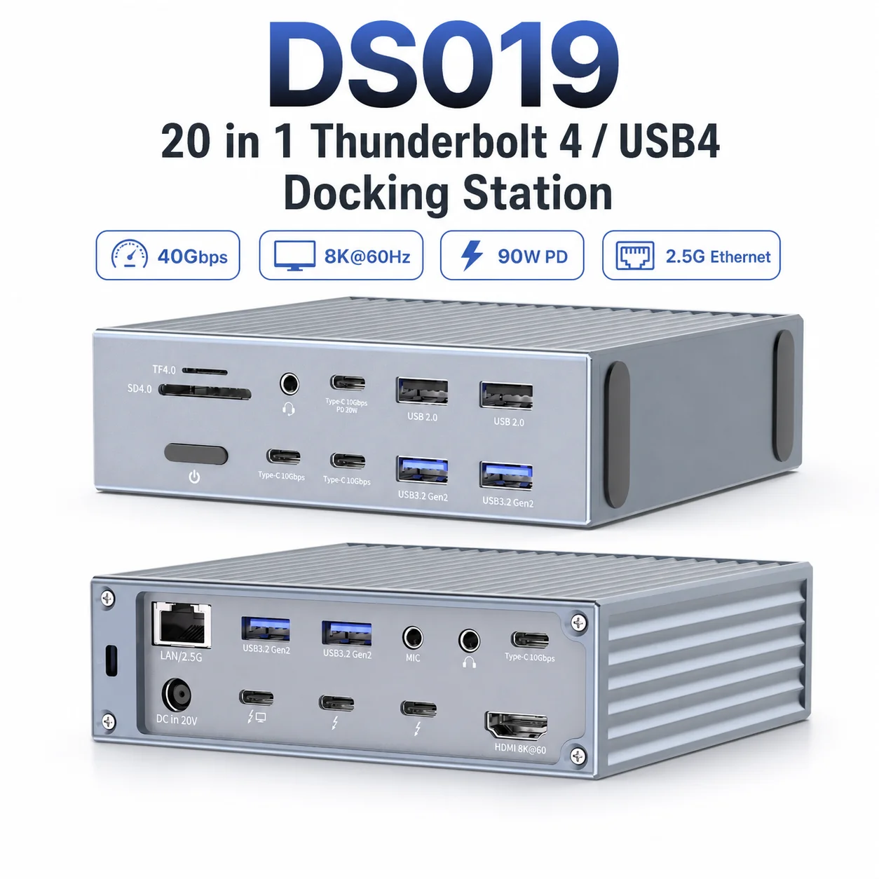 20 in 1 Thunderbolt 4 Docking Station 8K 60Hz 2.5G Ethernet USB4 Hub 40Gbps 2x Thunderbolt 4 Ports 90W PD Powered for Book