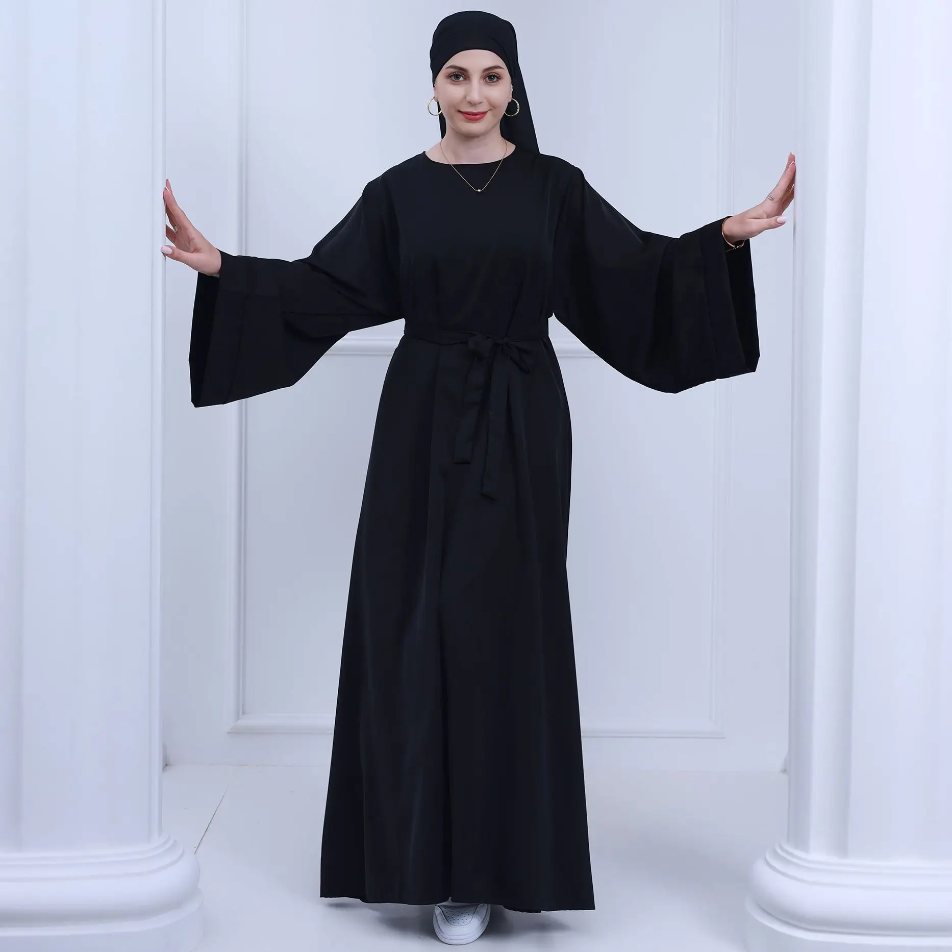 Imagem -05 - Dubai Abaya Vestido Muçulmano Solto para Mulheres Bolsos Laterais Mangas Largas Roupas Islâmicas Turco Modesto Robe Hijabi Ramadan Eid sem Lenço