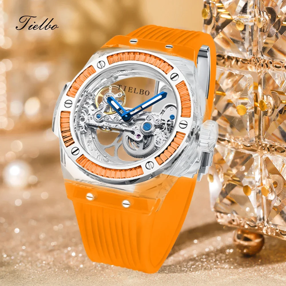 

TIELBO Mechanical Watches for Men Women Luxury Skeleton Sapphire Wrist Watch Waterproof Man Brilliant Crystals Transparent Case