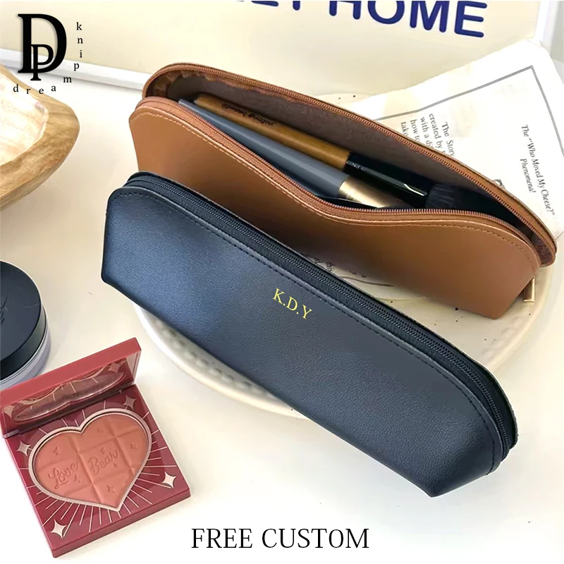 Custom Name Leather Pencil Case Business School Student Pen Bag Personalized Travel Portable Cosmetic Bag Storage Organizer Gift