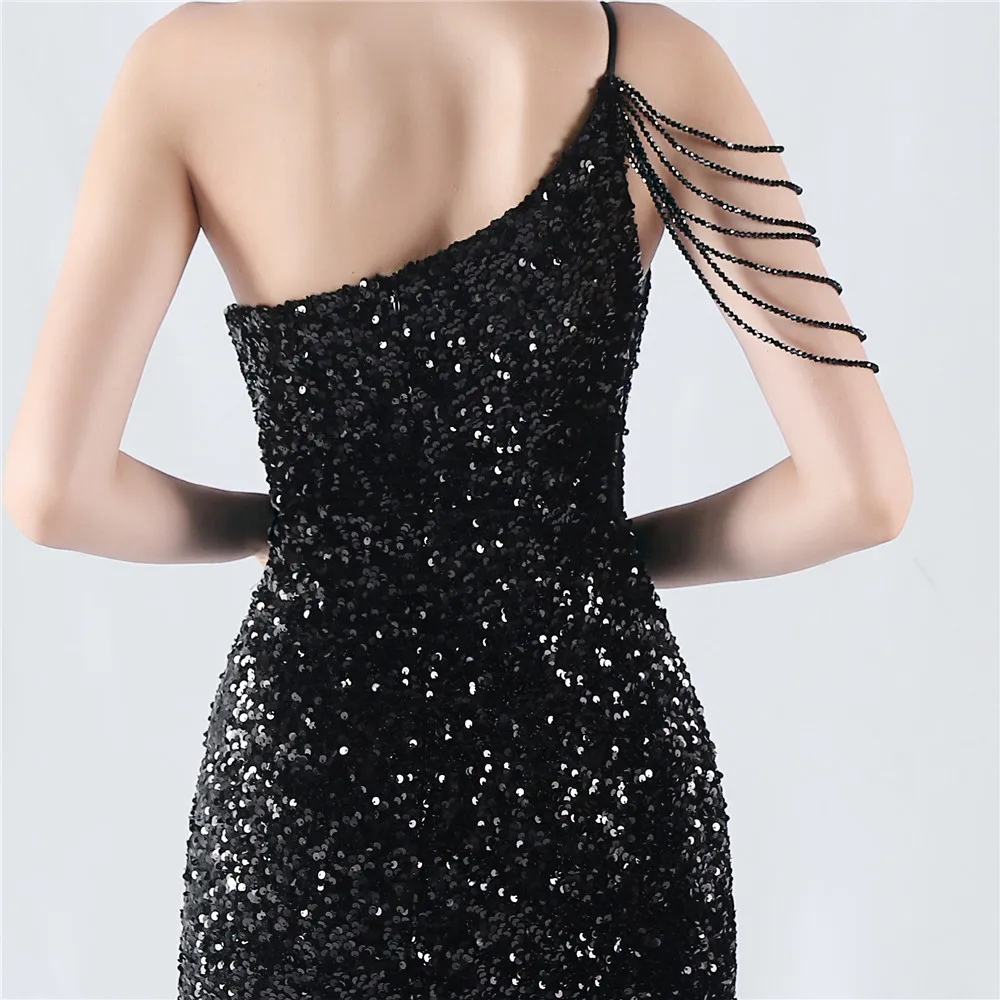 Damen One Shoulder Pailletten Perlen Quasten Ärmel Langes Ballkleid Ballkleid Abendkleider