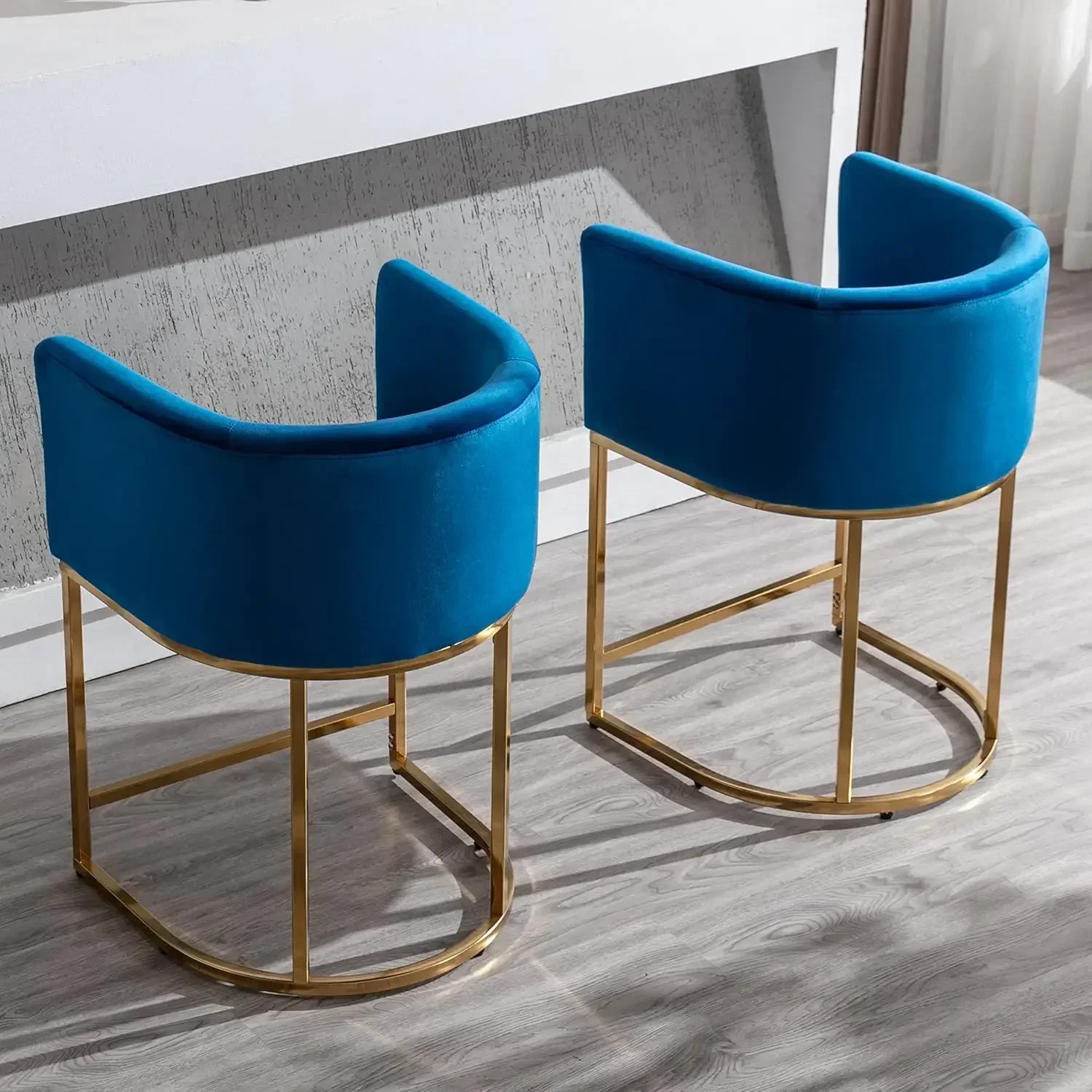 Contemporary Blue Velvet Bar Stools Set of 3,24" Upholstered Fabric Counter Kitchen Counter Island Stools with Golden Metal Base