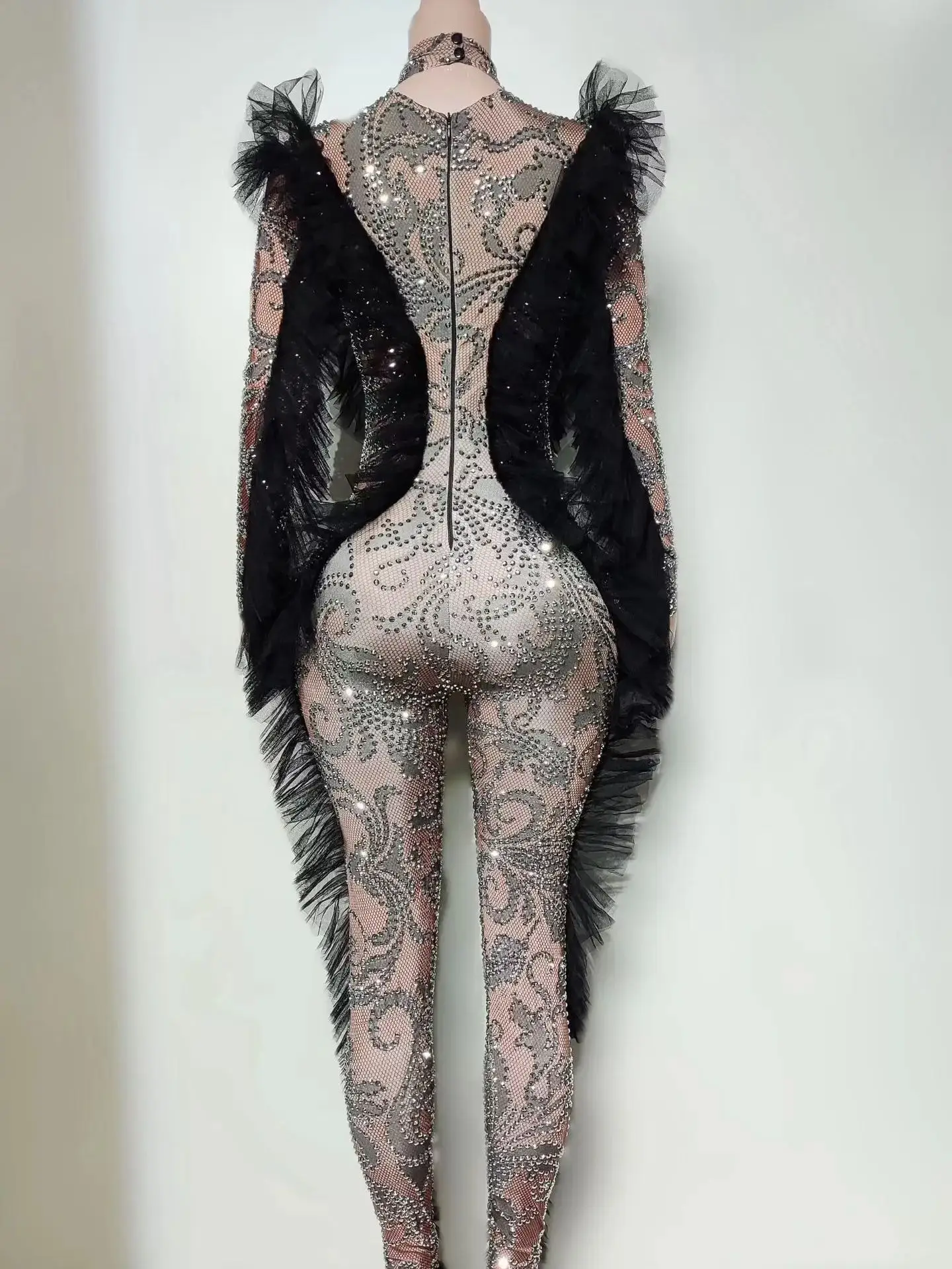 Tuta Aderente Nera con Maniche Lunghe e Cristalli per Donna 2026, Costume da Ballerina per Celebrità, Abito da Palcoscenico per Night Club