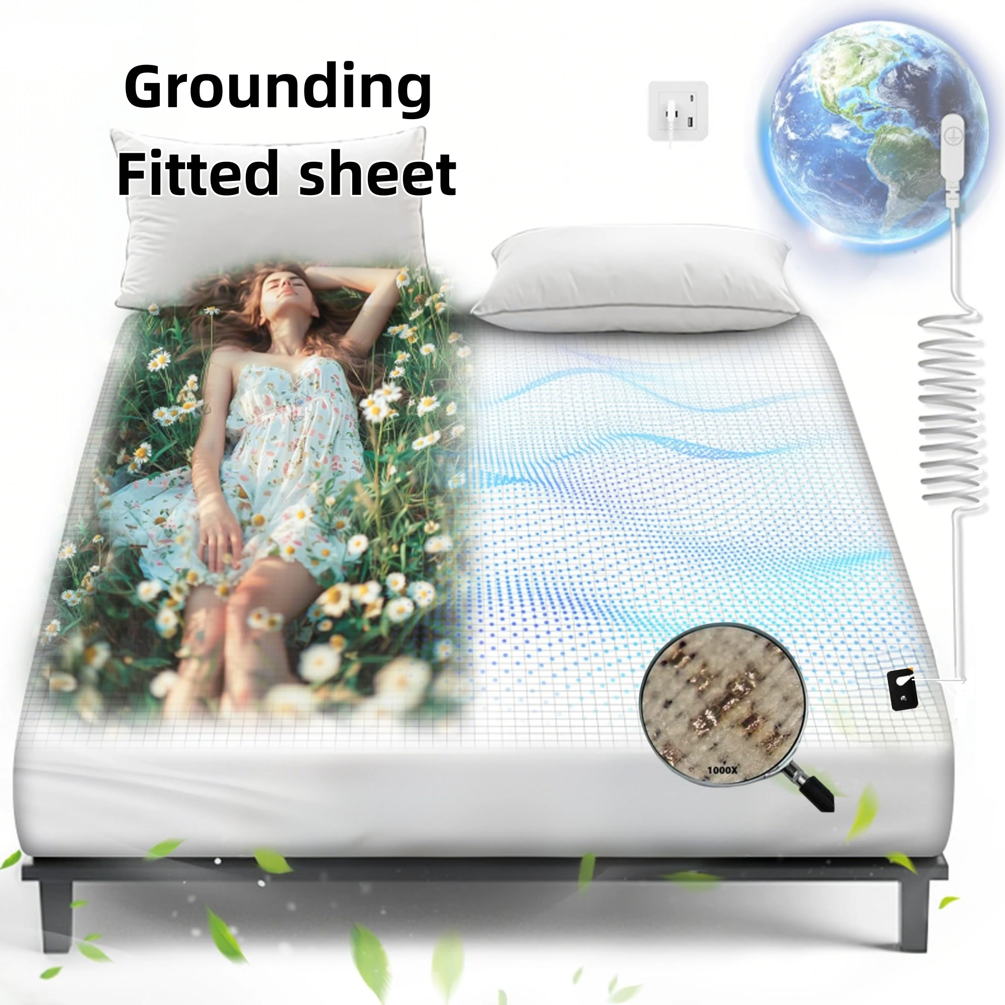 

10%Silver Fiber Grounding Fitted Sheet Earth Grounded Bed Sheets Washable Antibacterial Soft for Improved Sleep Energy Recovery