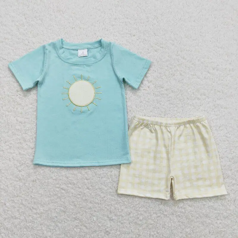 

RTS Baby Boys Sun Embroidery Cotton Toddler Short Sleeve Tee Shirts Top Checkered Shorts Pajamas Summer Boutique Clothing Sets