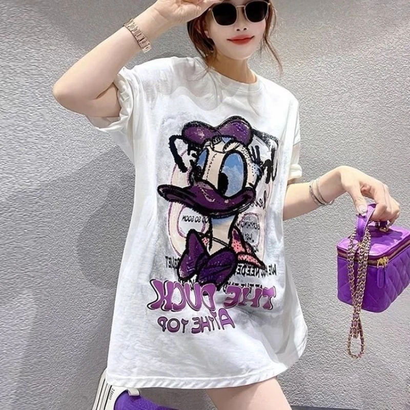 

Женские футболки с короткими рукавами и принтом Дональда Дака, летние новинки, свободные, облегающие, уникальные, повседневные, модные топы с короткими рукавами