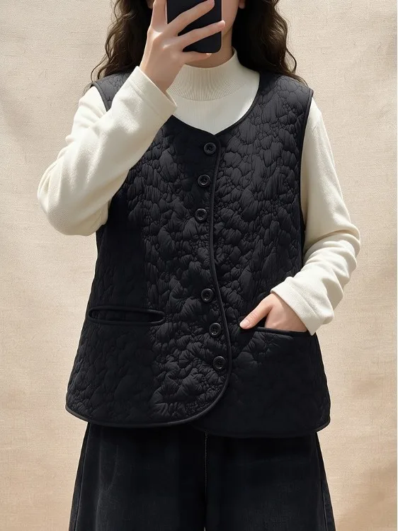 Light Luxury Retro Black Cotton Jacket Women's Autumn Winter Lightweight Warm Layering Slim Sleeveless Shoulder Top