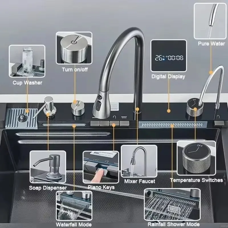 Kitchen Sink With Faucet Digital Display Single Bowl 5 Function Dishwasher Sink Shower Kitchen Sink With Drop Down Faucet