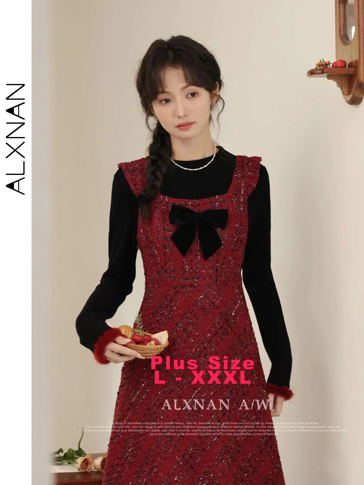 

ALXNAN Plus Size Red Sleeveless Dress 2025 Fall Square Collar Bow Elegant A-line Women's Midi Dresses Sold Separately D01008