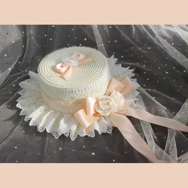 Cappello di paglia Lolita Foresta Dolce fiocco Ragazza francese Fiore Cappello parasole Cappello a cilindro piatto Lolita per bambini