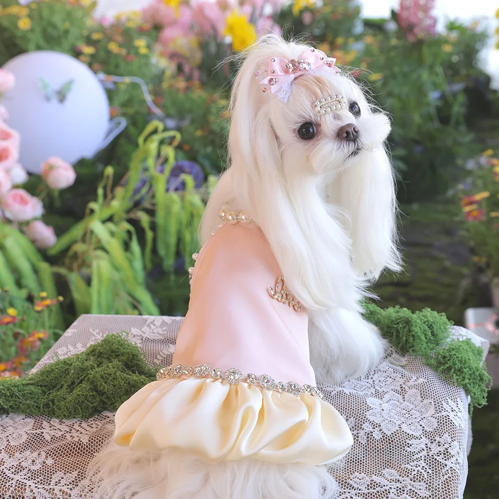 

Elegant Retro Pink Pet Dog Clothes Handmade Luxury Crystal Pearl Sling Princess Dress For Small Medium Dog Puppy Overalls Skirts