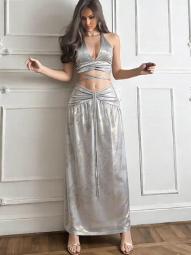 

Nibber пляжная вечеринка с принтом тай-дай, комплект из 2 предметов, женские бандажные жилеты с лямкой на шее и открытой спиной + складки, прозрачные юбки с подолом, модные костюмы