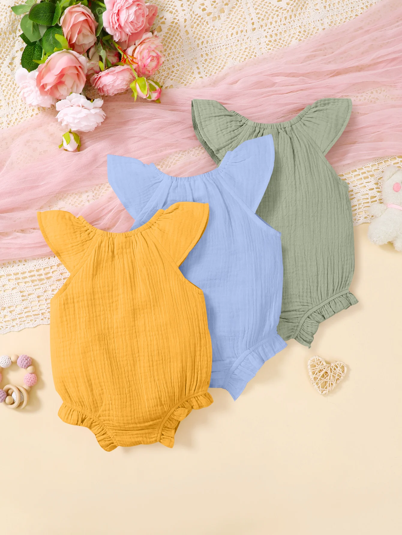 Baby Girl Three-Piece Set Triangle Romper Pure Color round Neck Short Sleeve Casual Comfortable Versatile Simple Cute