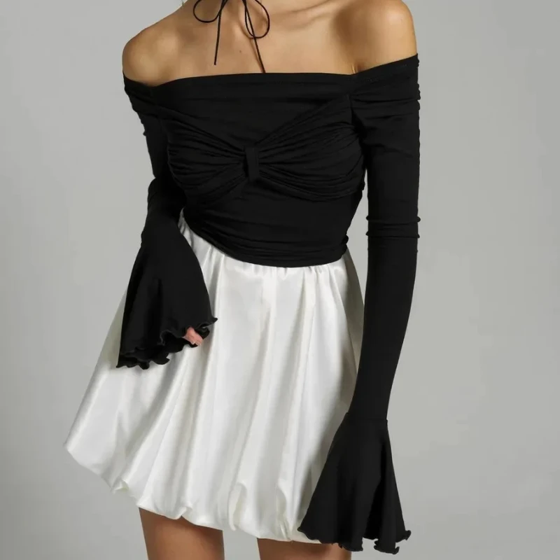 Autumn Pure Color Sexy Off Shoulder Slim Fit Fold Bow Frill Trumpet Sleeve Long Sleeved T-shirt Temperament Top Women's Clothing
