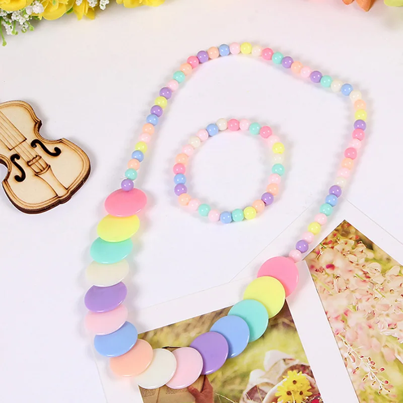 New Fashion Candy Color Beads Necklace Bracelets Kids Cute Flower Bow Strawberry Necklace for Party Birthday Jewelry Gift