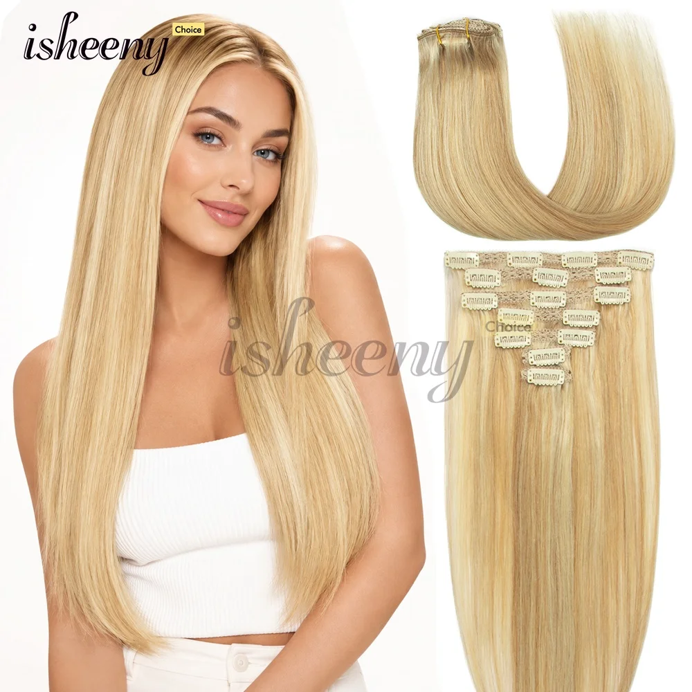7Pcs/set Clips in Human Hair Extensions Natural Straight Machine Remy Hair Extensions Adding Hair Length and Volume Thin Hair