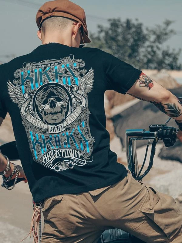 Heavy Metal Motorcycle Skull Print Short-Sleeved Men's Cotton T-Shirt for Western Coast of Europe and America Trendy Tee